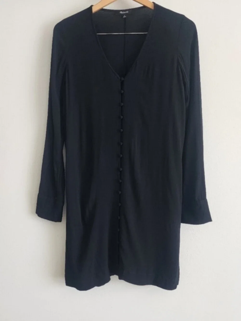 Madewell Heather Long Sleeve Button Front Dress Mens Black V-Neck Mini Size M - Picture 2 of 11
